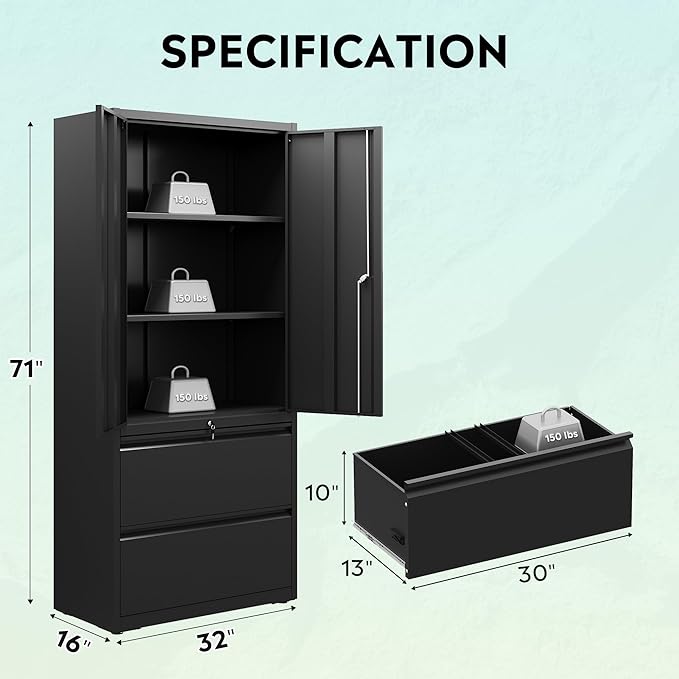 DEVAISE File Cabinet with 2 Drawers and Doors, Black Locking Metal Storage Cabinet with Adjustable Shelves for Home Office, Warehouse, Garage, School