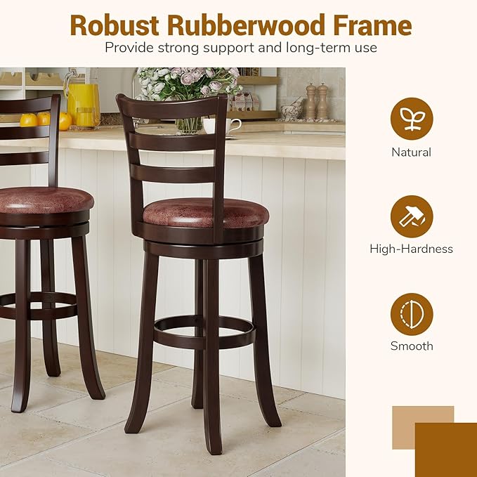 COSTWAY 30” Bar Height Stools Set of 4, Swivel l High-Top Chairs with Backrest & Faux Leather Padded Seat, Rubber Wood Barstools with Footrest for Kitchen, Dining Room, Pub (4,30'')