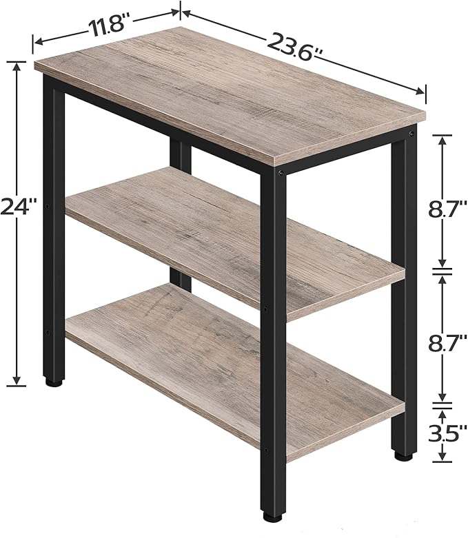 HOOBRO End Table, Simple Rustic Side Table with 3-Tier Storage Shelf, Narrow Nightstand for Small Spaces, Easy Assembly, for Living Room, Bedroom, Metal, Industrial Design, Greige and Black BG14BZ01