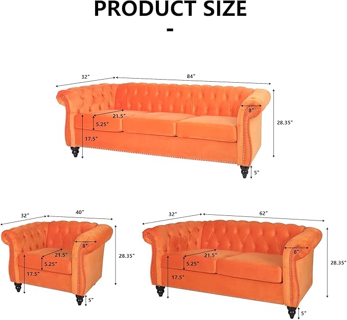 Accent Sofa Chair for Living Room, Mid Century Modern Velvet Upholstered Armchair, Oversized Comfy Single Couch Chair with Cushion, Tufted Chesterfield Sofa Couch for Home, Bedroom, Apartment (Orange)