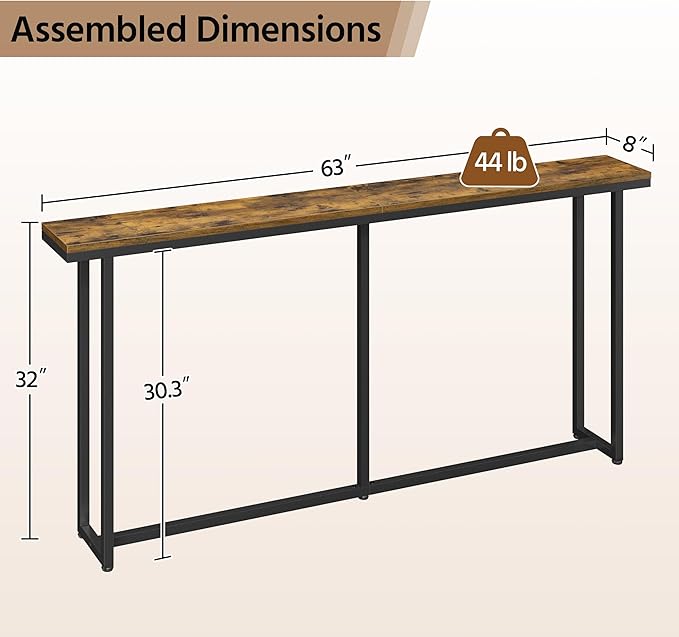 Yaheetech Narrow Console Table with Sturdy Metal Frame, 63 Inch Extra Long Entryway Sofa Table for Behind Couch, Hallway, Living Room, Rustic Brown
