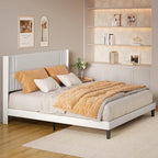 Gizoon King Bed Frame with Wingback Headboard, Upholstered Platform Bed with Modern Geometric Headboard, Wooden Slats, Noise-Free, No Box Spring Needed