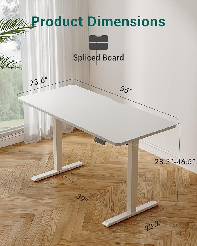 CubiCubi 55 x 24 Inches Electric Standing Desk, Height Adjustable Sit to Stand Desk, Home Office Table with Splice Board, White