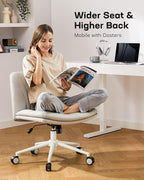 Marsail Armless-Office Desk Chair with Wheels: PU Leather Cross Legged Wide Chair,Comfortable Adjustable Swivel Computer Task Chairs for Home,Office,Make Up,Small Space,Bed Room(Balanced Beige)