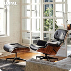 Top Black Grain Leather, Mid Century Chaise Lounge Chair and Ottoman, Modern Chair Classic Design, Palisander Wood, Heavy Duty Base Support for Living Room Office