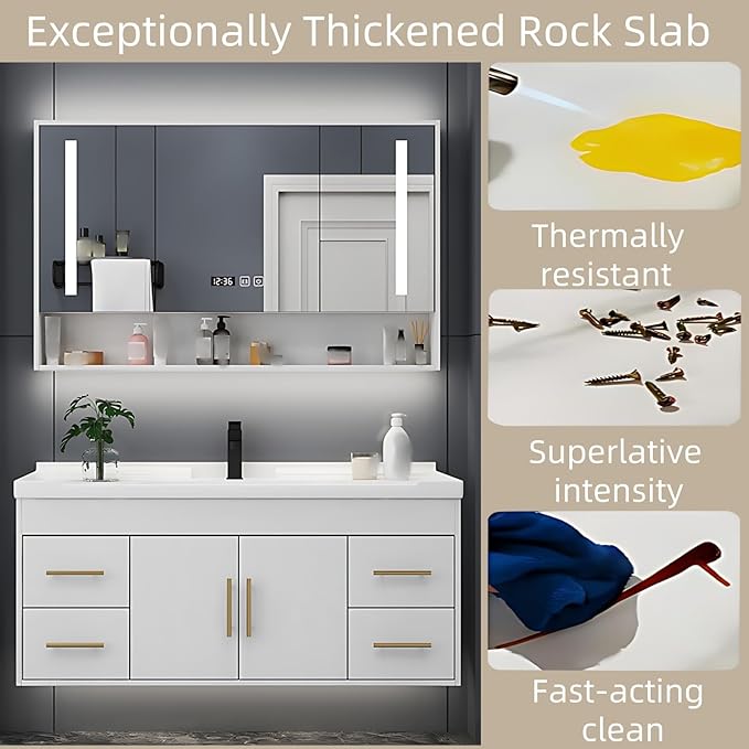 48IN Modern Bathroom Vanity - LED Intelligent Mirror Cabinet Includes Time Display & Defogging | Bathroom Cabinet with Sink & Open Storage Compartments, Ceramic Washbasin, 4 Drawers (Style A)