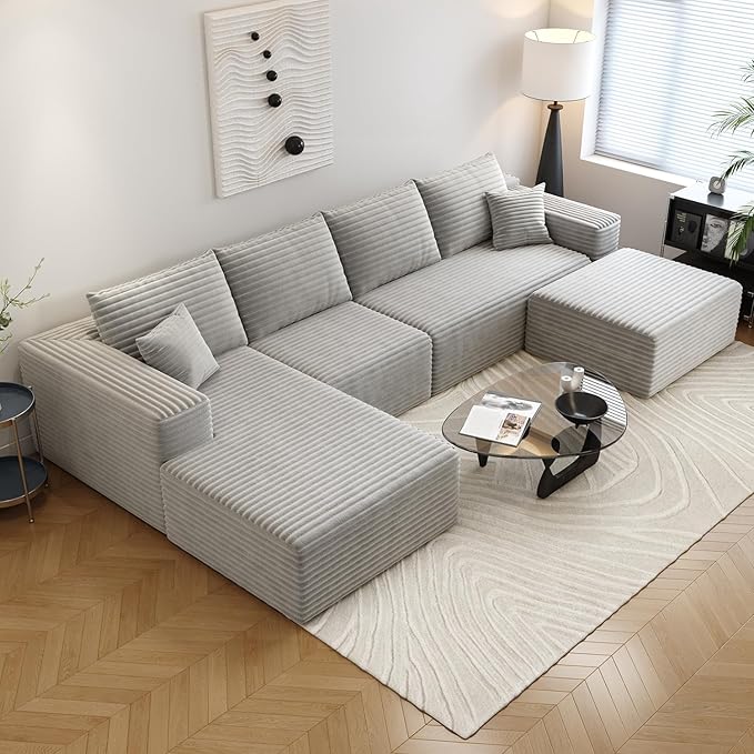 135.4" Cloud Sectional Couch with 1 Ottoman,Modern Modular Sofa with Deep Seat, Comfort U Shaped Sofa Couches for Living Room Bedroom Apartments,No Assembly Required, (Grey,Left Facing Chaise)