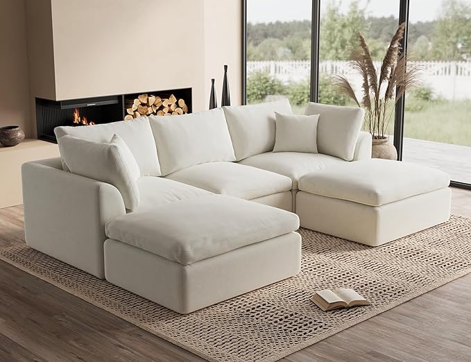 110" Cloud Sectional Couches for Living Room, Boneless U Shaped Couch with Ottoman, 3 Seater Modular Sectional Sofa, Warm White