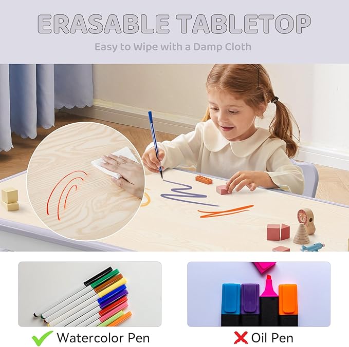 Kids Table and 4 Chairs Set, Height-Adjustable Toddler Table and Chairs Set with Graffiti Desktop, 23.6''L x 23.6''W Children Activity Table for Daycare, Classroom, Home