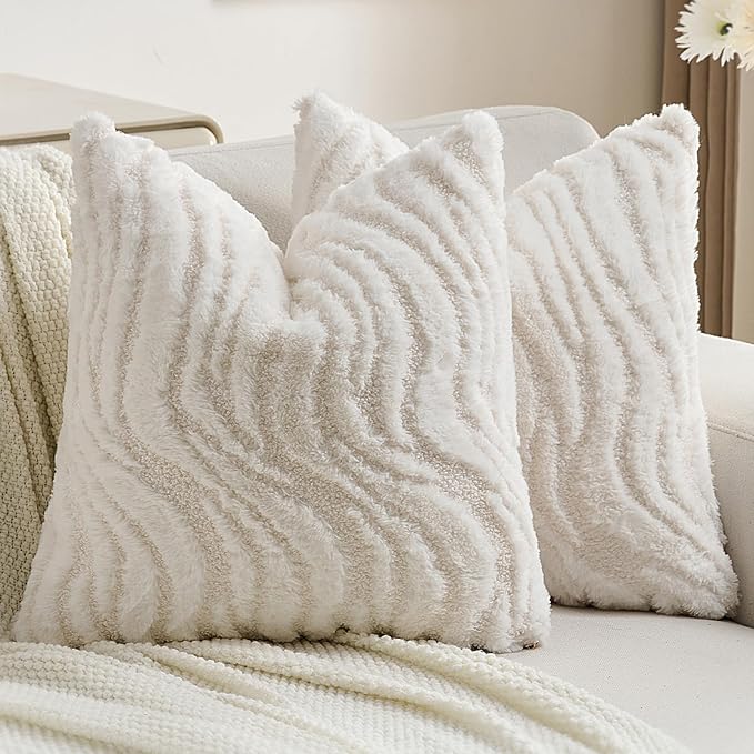 FUTEI White Decorative Throw Pillow Covers 24x24 Inch Set of 2,Soft Faux Fur Geometric Shapes Texture European Cushion Case,Boho Home Decor for Couch Bed Living Room