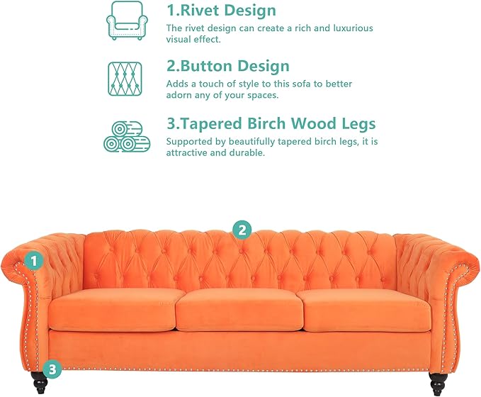 Velvet Sofa Couches Set, 3-Piece Mid Century Modern Upholstered Couch with Cushions, Home Sofa Sectional Furniture Sets, Comfy Tufted Chesterfield Couches for Living Room, Bedroom, Office