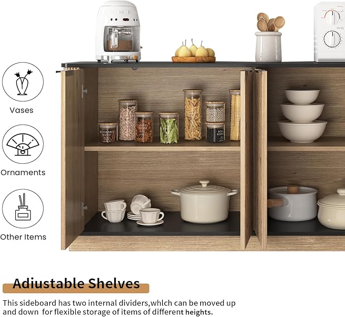 LKTART 55" Sideboard Buffet Cabinet with Storage, Wooden Fluted Storage Cabinet Sideboard with Adjustable Shelves Metal Rounded Corner for Kitchen Living Room (Natural)