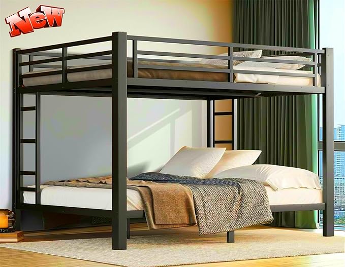 Stronger & Higher Quality Heavy Duty Steel Bunk Bed Queen Over Queen Size Bunkbed, Thickened Safer More Stable Metal Queen Bunk Bed Frame (Faster Assembly)