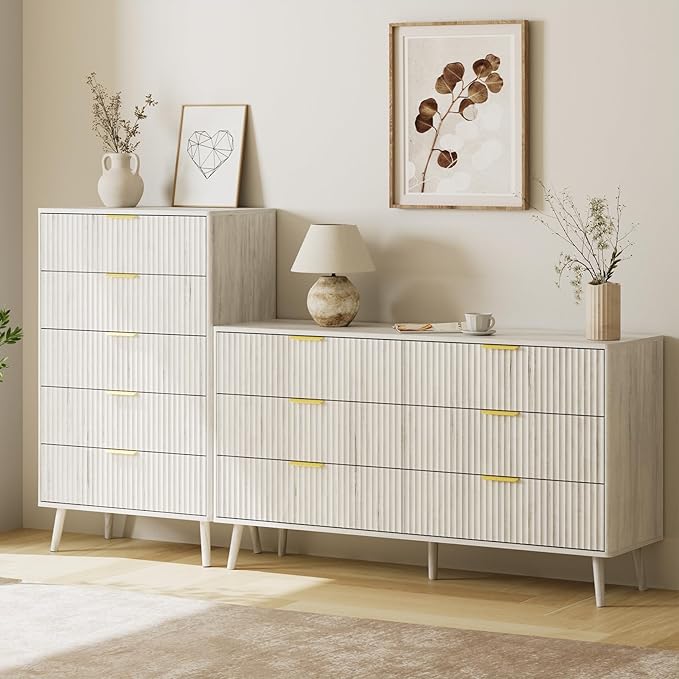 LYNSOM Fluted Dresser and Nightstand Sets 4 Piece, 2-Drawer Nightstands and 5/7 Drawers Dresser, Wood Bedroom Furniture Set for Home, Bedroom, Hallway, White