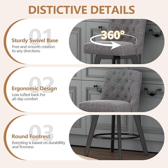 MINCETA Bar Stools Set of 4, 26 Inch Upholstered Barstools with Low Tufted Back and Footrest, Swivel Counter Height Barstools for Kitchen Island Home Bar Performance Fabric Gray
