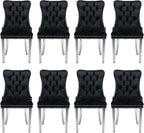 Velvet Upholstered Dining Chairs Set of 8, Modern Style Kitchen Side Chairs with Nailhead Trim and Silver Plated Leg, Metal Pulling Ring for Dining Room Living Room(Black)