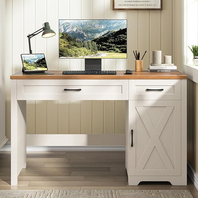 Vabches Farmhouse 51" Executive Desk,Computer Desk with Drawers and Storage Cabinet, Home Office Desk for Work and Study.