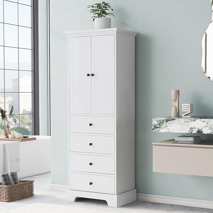 P PURLOVE Bathroom Storage Cabinet with 2 Doors and 4 Drawers,Tall Bathroom Cabinet Standing,Wood Freestanding Bathroom Cabinet for Kitchen,Living Room,White