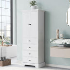 P PURLOVE Bathroom Storage Cabinet with 2 Doors and 4 Drawers,Tall Bathroom Cabinet Standing,Wood Freestanding Bathroom Cabinet for Kitchen,Living Room,White