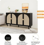 Black 4-Door Rattan Buffet Cabinet-Sideboard Buffet Cabinet with Storage, Accent Sideboard Cabinets-Wood Credenza with Cane Door, Boho Style Console Table for Dining Room & Living Room