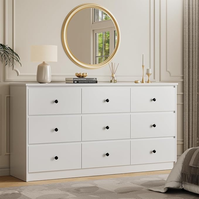 9 Drawer Dresser for Bedroom, 59" Wide White Chest of Drawers, Wooden Dresser with 9 Drawers with Ample Storage, Modern Storage Organizer for Hallway,Nursery