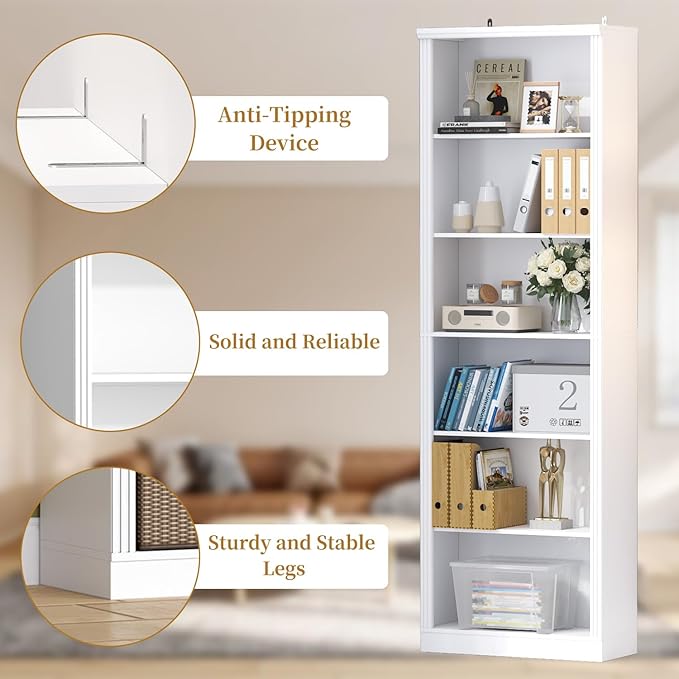 75" Tall Bookshelf & Bookcase, 6-Tier Adjustable Storage Shelves, Book Shelf with Anti-Tipping Device, Floor Standing Modern Display Rack for Living Room, Bedroom, Office, White