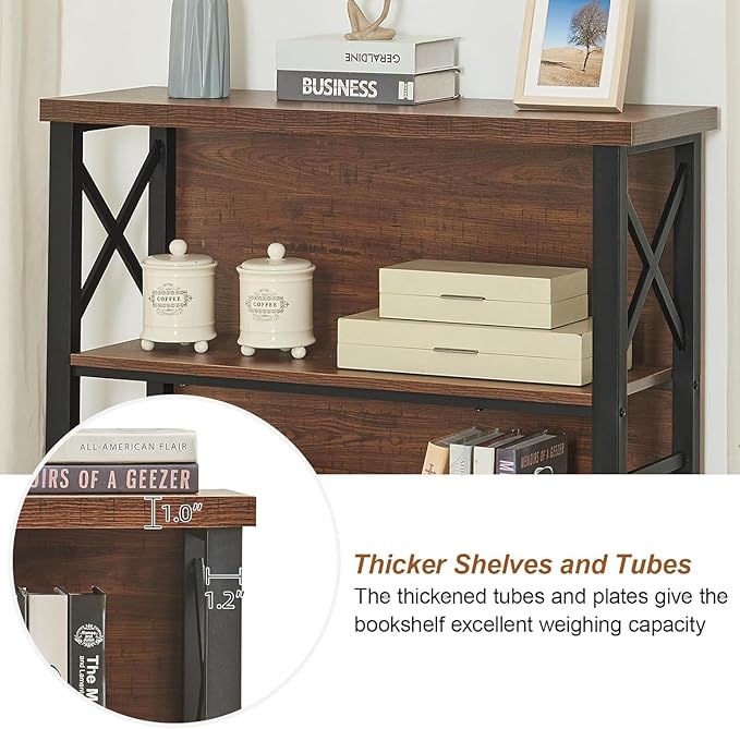 HOMBAZAAR Book Shelf,4 Tier Short Bookshelf with Metal Frame and Backboard,Rustic Brown Deep Bookcase with Engineered Wood Shelves,Shelf Bookcase for Living Room,Bedroom and Office