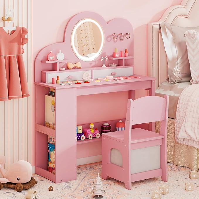 Costzon Kids Vanity, Girls Vanity Set with Lighted Mirror, Bookshelf, Drawers, Hooks & Storage Shelves, Toddler Makeup Vanity Desk Dressing Table, Wooden Kids Vanity Table and Chair Set (Pink)