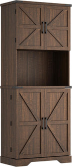 Cozy Castle 74" Farmhouse Pantry Cabinet with Charging Station, Tall Kitchen Storage Hutch Cabinet Coffee Bar Workstation, Sideboard Buffet Cupboard for Dining Room Living Room Furniture, Rustic Brown