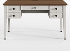 EUREKA ERGONOMIC Farmhouse Writing Desk, 55" Executive Office Desk with 3 Drawers,Keyboard Tray,Mid-Century Modern Computer Desk w Solid Wood Legs,Birch Finish,Antique White