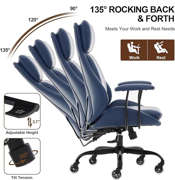 Home Office Desk Chair, PU Casters Ergonomic Computer Chair with Lumbar Support, Adjustable Height, 360°Rolling Swivel Chair, High Back Executive Task, Padded Armrests Chair, Blue Leather