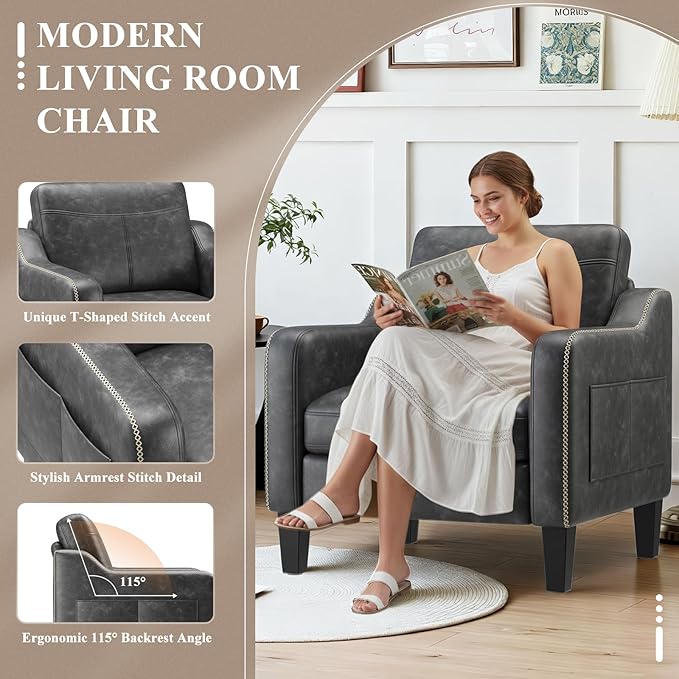 PU Leather Accent Chair, Mid-Century Modern Living Room Armchair Sofa with Removable Cushions, Solid Wood Frame & Stitched Armrest Design, Bedroom Chair with Plastic Legs, Black
