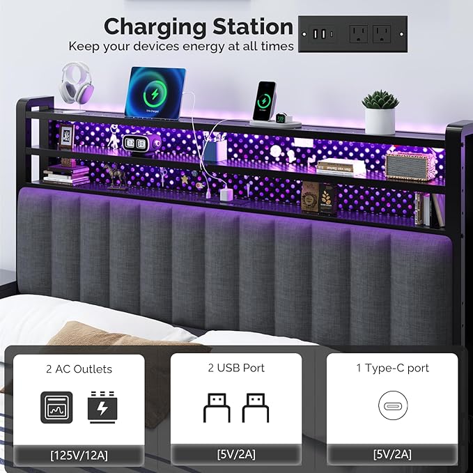VINGLI Queen Size Headboard Only, Adjustable Upholstered Headboard with 3 Tier Shelves and Pegboard with Charging Stations and LED Lights, Modern Bed Headboard with Storage for Bedroom Decor