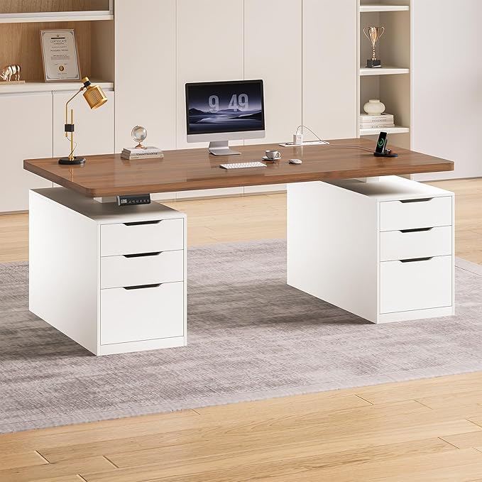 SEDETA Electric Standing Desk with 6 Drawers, 55" Adjustable Stand up Desk with Storage, Computer Desks with Power Outlets for Home Office, White