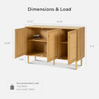 Rattan Storage Cabinet with 3 Doors, Boho Sideboard Buffet Cabinet Solid Wood Farmhouse Credenza Cabinet with Adjustable Shelves for Living Room Kitchen Entryway Hallway, Natural Oak