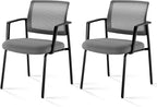 DUMOS Grey Stackable Arm Chairs with Mesh Back and Upholstered Fabric, Sturdy Metal Frame, Easy to Store and Use, Perfect for Indoor and Outdoor Spaces, 2 Chair