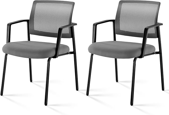 DUMOS Grey Stackable Arm Chairs with Mesh Back and Upholstered Fabric, Sturdy Metal Frame, Easy to Store and Use, Perfect for Indoor and Outdoor Spaces, 2 Chair
