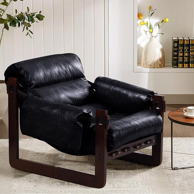 Furnilivng Modern Lounge Accent Chair, Comfortable Oil Waxed Leather Arm Chair with Sturdy Wood Frame, Upholstered Cozy Sofa Chair for Living Room, Bedroom, Dressing Room, Home Office, Black