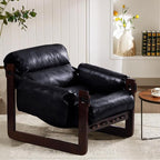 Furnilivng Modern Lounge Accent Chair, Comfortable Oil Waxed Leather Arm Chair with Sturdy Wood Frame, Upholstered Cozy Sofa Chair for Living Room, Bedroom, Dressing Room, Home Office, Black