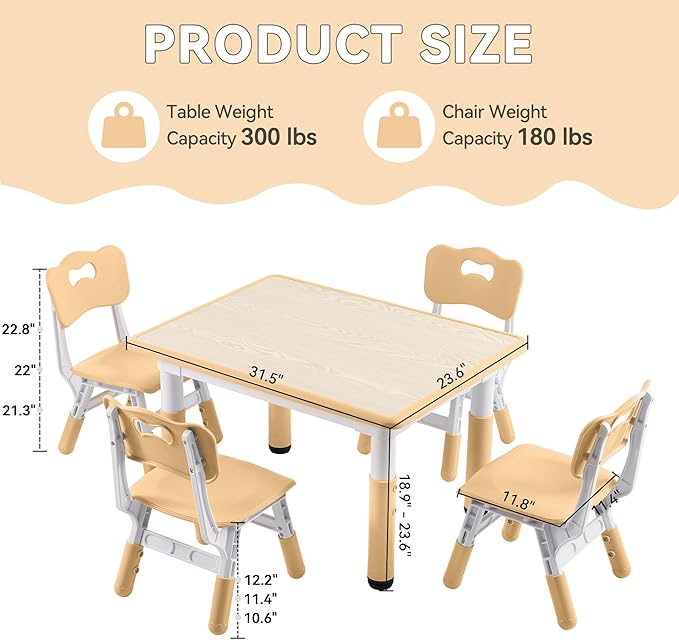 Kids Study Table and Chairs Set, Height Adjustable Toddler Table and Chair Set for Kids Ages 3-8, 31.5" L x 23.6" W Graffiti Desktop Plastic Children Art Table with 4 Seats, Brown