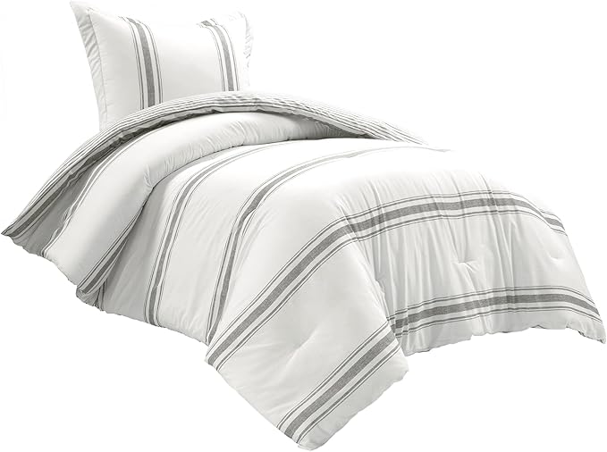Lush Decor Farmhouse Stripe Reversible Cotton Comforter Set , 2 Piece Set, Twin XL, Dark Gray - Twin Bedding Set - Dorm Decor - Striped Comforter For Kids Or Teens - Modern Farmhouse Bedroom Decor
