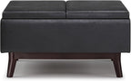 SIMPLIHOME Owen 34 inch Wide Mid Century Modern Rectangle Tray Top Small Coffee Table Storage Ottoman in Distressed Black Vegan Faux Leather, Assembled, for the Living Room, Entryway and Family Room