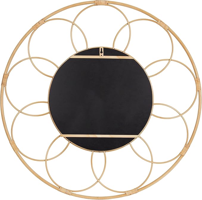 Kate and Laurel Cori Boho Round Mirror; 34 Inch Diameter; Natural; Light Decorative Metal Mirror with Rattan Accenting for Coastal Home Wall Decor