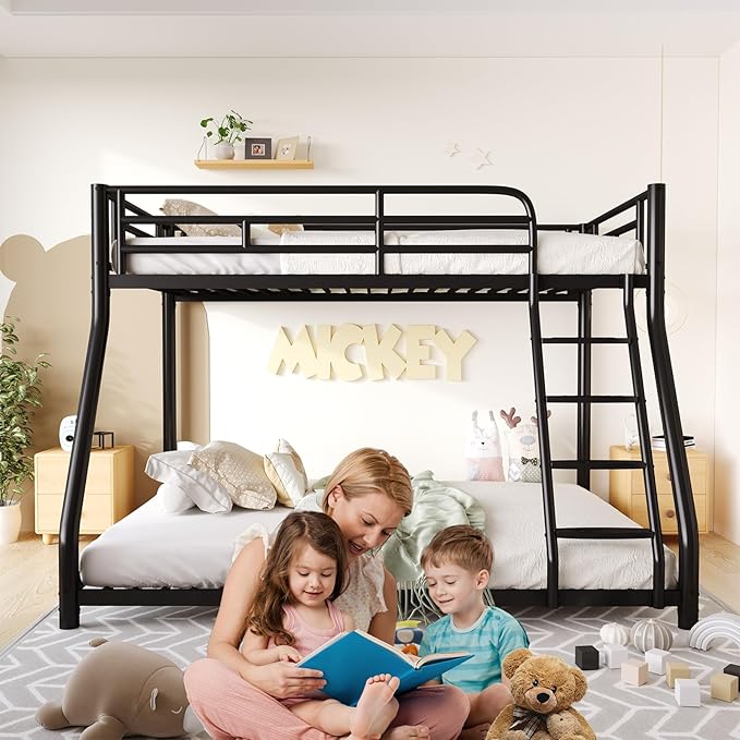 Metal Twin Over Full Bunk Bed，Bunk Beds Twin Over Full Size with Removable Wide Ladder and Full-Length Guardrail，Low Full BunkBeds Frame Heavy Duty steel Slat Support For Adults Kids and Young Teens