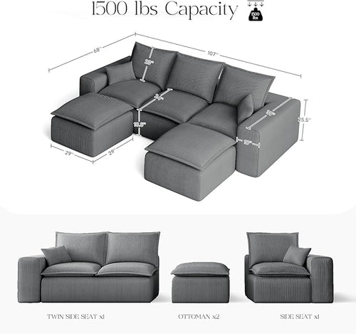 107" Comfy Cloud Couch with U-Shape Chaise & Deep Seat, Modular Sectional Sofa in a Box, Boneless Upholstered Couches for Living Room, No Assembly Required (Soft Corduroy, Gray)
