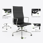 Ribbed Office Chair with Top Grain Leather - High Back Ergonomic Desk Chair with Aluminum Arms & Frame, Swivel Wheels & Tilt Function, Adjustable Height