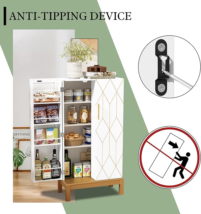 ARTPOWER 45'' Kitchen Pantry Cabinet, 4 - Layer Storage Cupboard with Adjustable Shelves for Storage Cabinet Pantry, Food Pantry Cabinet for Kitchen, Dining Room and Living Room,Gold Legs, White