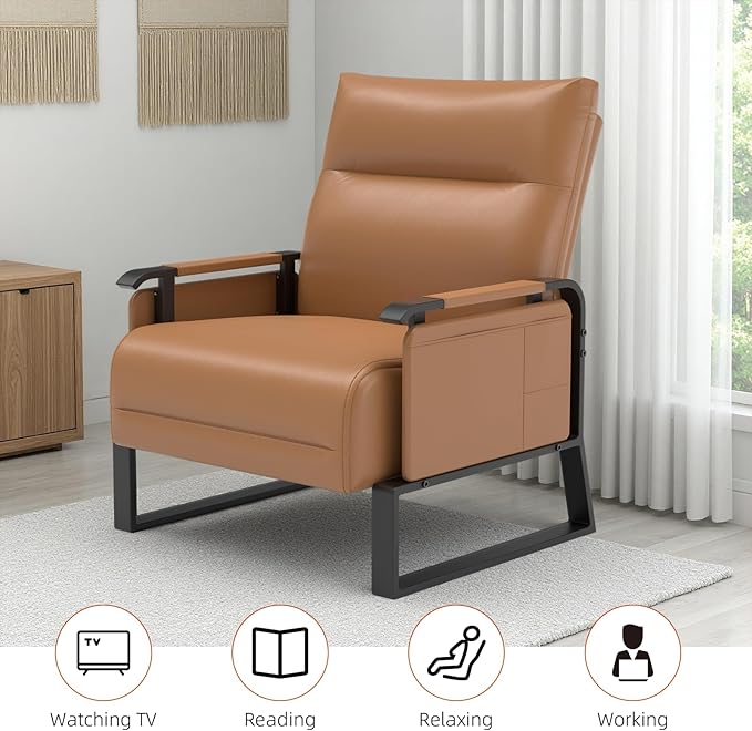 Upholstered Accent Chair, Modern Faux Leather Sofa Chair with Foldable Side Tray Table & Storage Pocket, Small Accent Sofa for Living Room, Bedroom, Reception Room, Brown