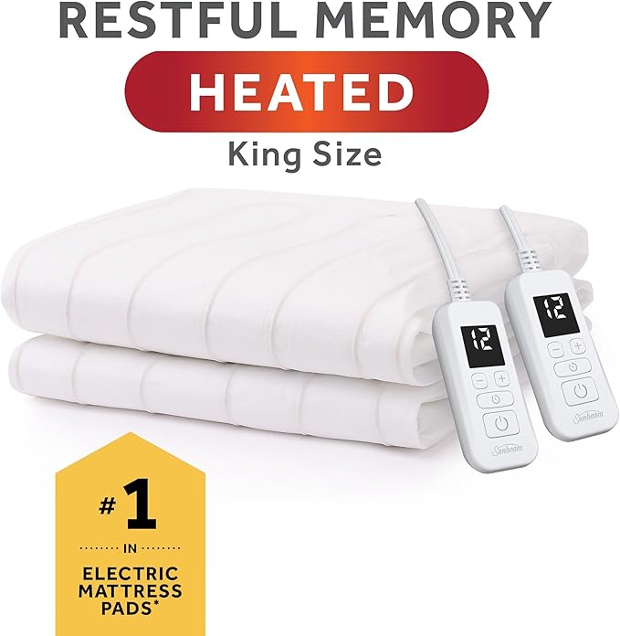 Sunbeam Electric Heated Mattress Pad Soft Cozy Fabric Fast Heating 12 Heat Settings 12-Hour Auto Shut-Off Deep Pocket Skirt Machine Washable King 80" x 76"