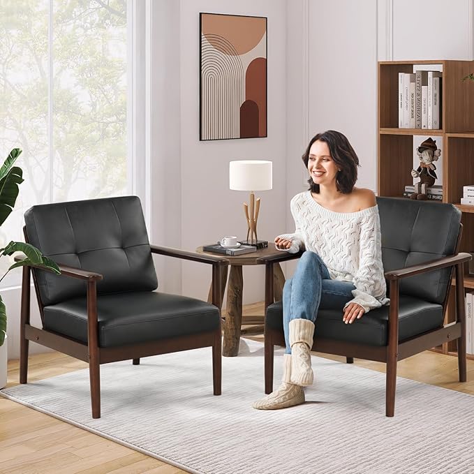 STHOUYN Mid Century Modern Chair, PU Leather Accent Chair Set of 2 with Wood Arms, Living Room Chairs, Reading Armchair for Bedroom, Waiting Room, Office